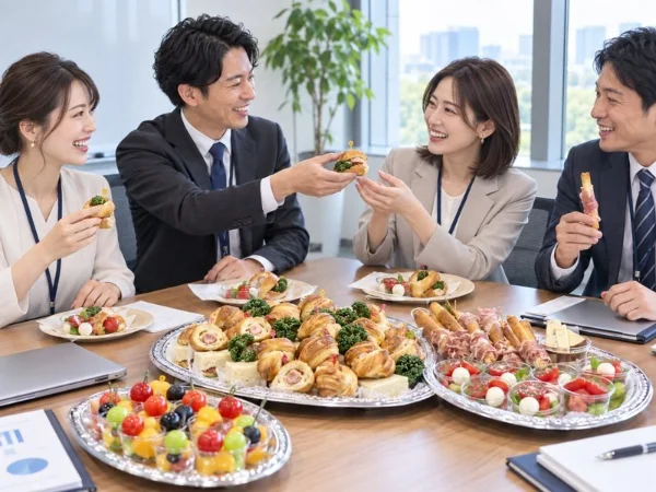 会議の休憩中にパンを囲むメンバーのイメージ