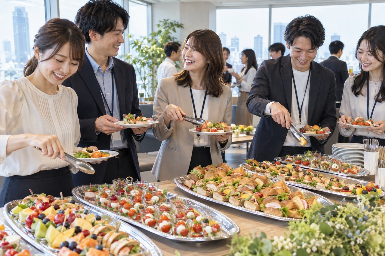 オフィスで同僚がトングを使って料理を取り分けるAI生成の利用イメージ