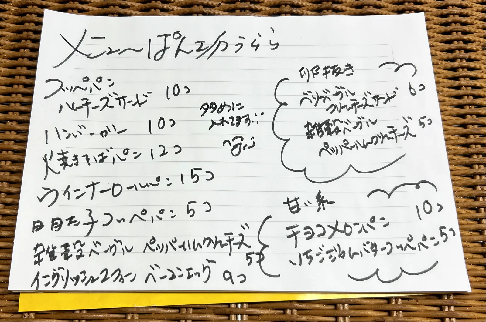 9月のご注文時の手書きのメニュー