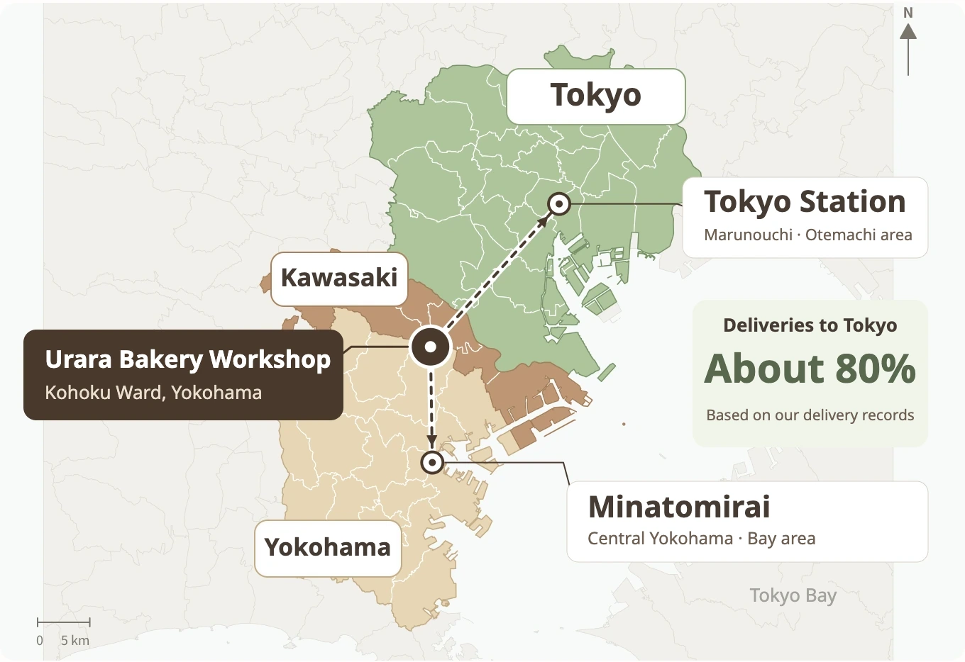 Delivery area map: Tokyo, Kawasaki and Yokohama, delivered directly from our bakery in Kohoku Ward, Yokohama